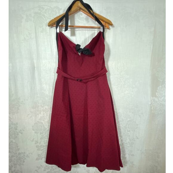 Stop Staring Swing Dress 18 Red Black Polka Dot Halter NEW Belted Rockabilly - Picture 1 of 9